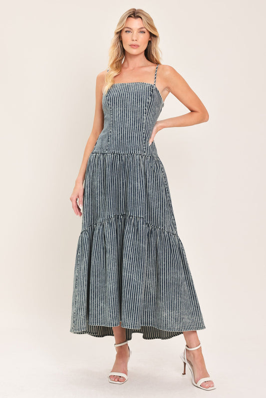 Easygoing Romance Denim Midi Dress in blue white, view 1 — Soul Flow Apparel