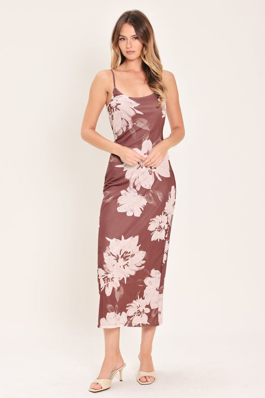 Rosewood Bloom Power Mesh Midi Dress in red bean, view 1 — Soul Flow Apparel