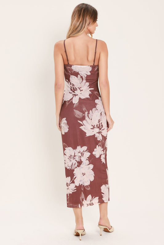 Rosewood Bloom Power Mesh Midi Dress in red bean, view 2 — Soul Flow Apparel