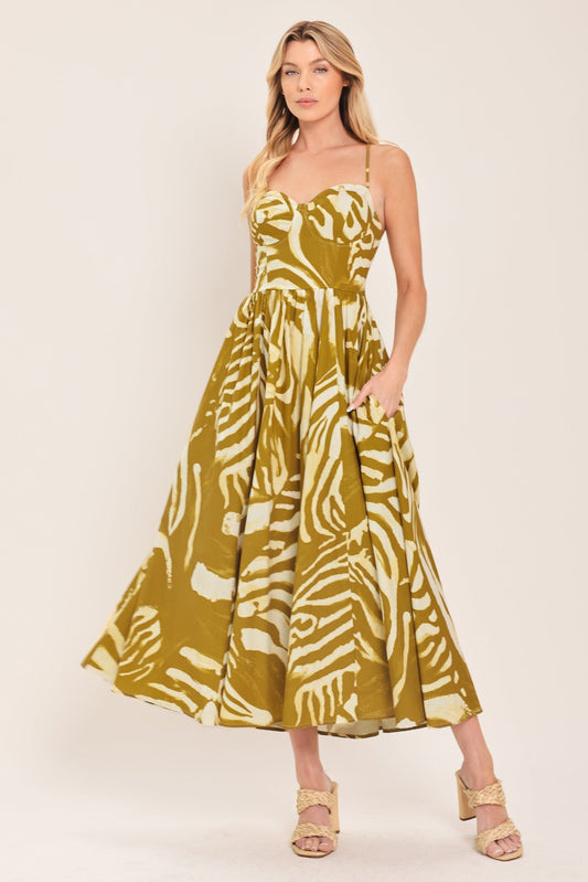 Golden Palm Escape Woven Midi Dress in mustard, view 1 — Soul Flow Apparel
