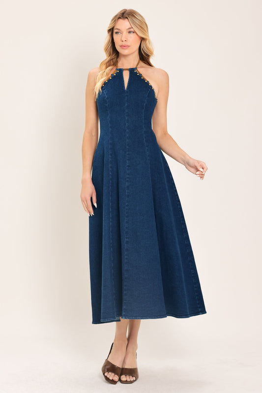 Americana Belle Denim Midi Dress in indigo denim, view 1 — Soul Flow Apparel