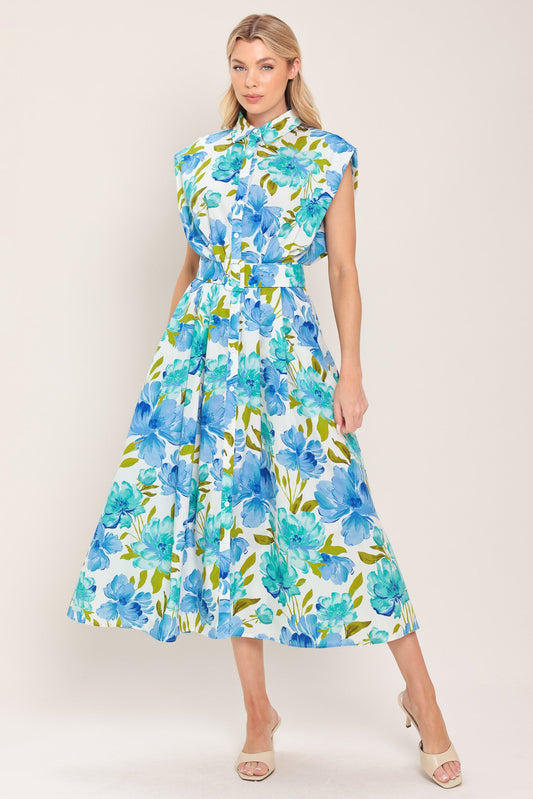 Modern Bloom Woven Midi Dress in ivory blue, view 2 — Soul Flow Apparel