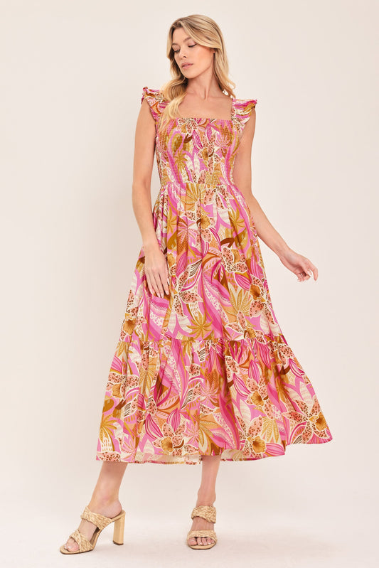 Cabana Crush Woven Midi Dress in pink brown, view 1 — Soul Flow Apparel