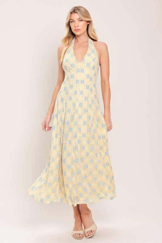 Delicate Bloom Halter Woven Lace Midi Dress in cream, view 3 — Soul Flow Apparel