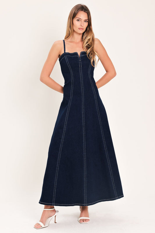 Denim Corset Midi Dress in dark indigo, view 1 — Soul Flow Apparel