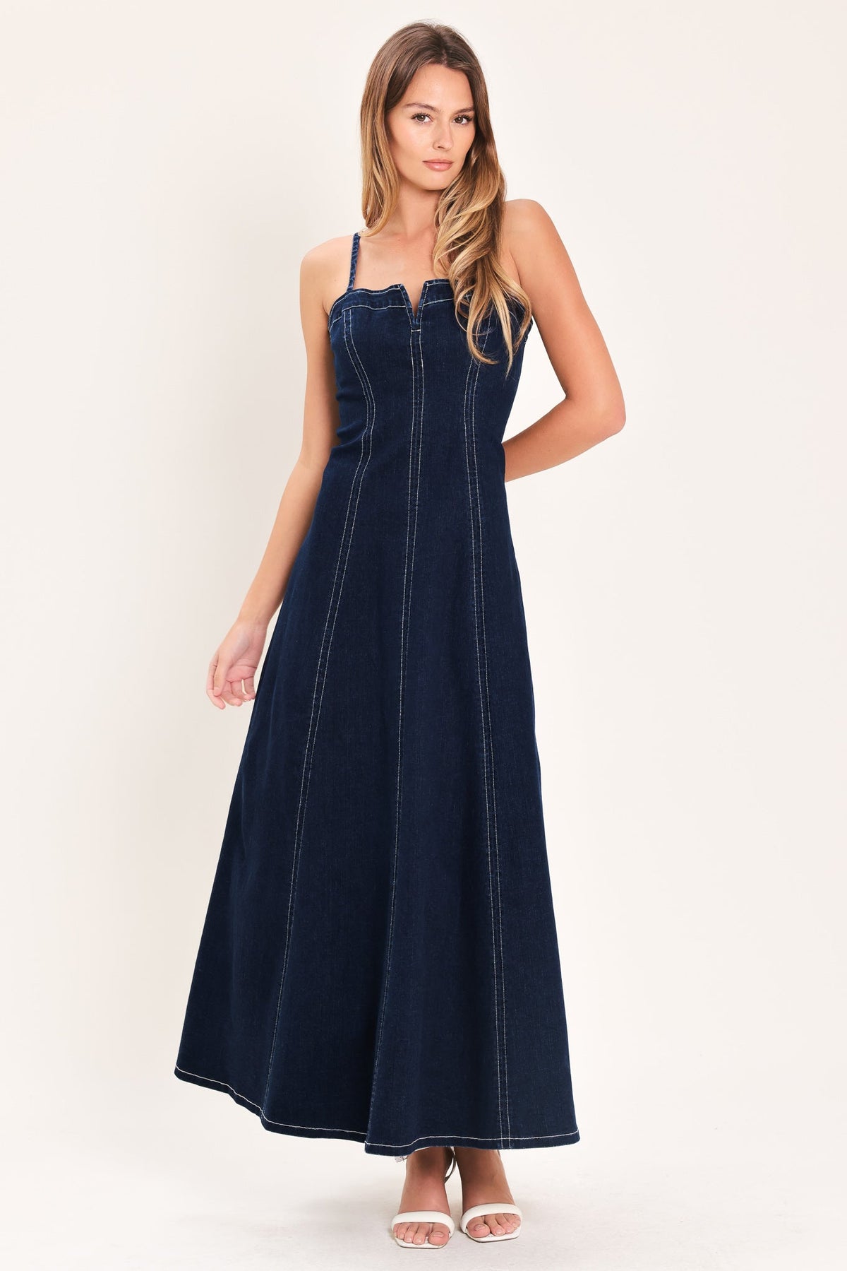 Denim Corset Midi Dress in dark indigo, view 2 — Soul Flow Apparel