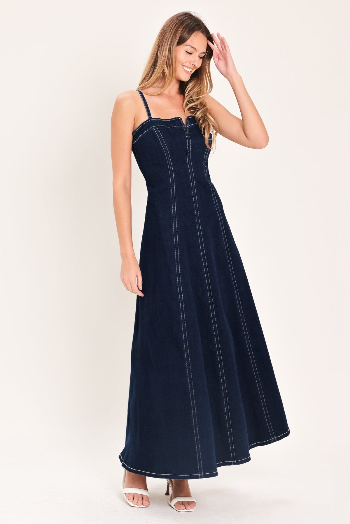 Denim Corset Midi Dress in dark indigo, view 3 — Soul Flow Apparel