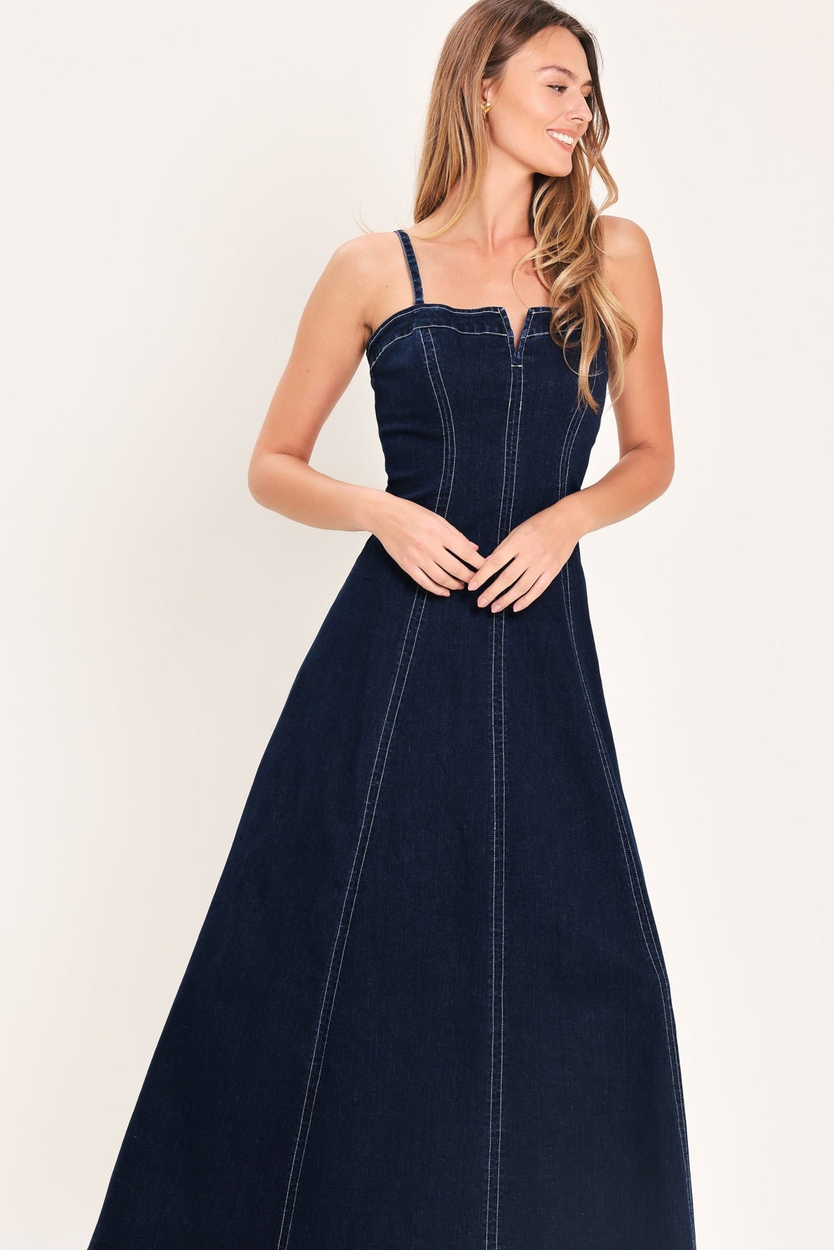 Denim Corset Midi Dress in dark indigo, view 5 — Soul Flow Apparel