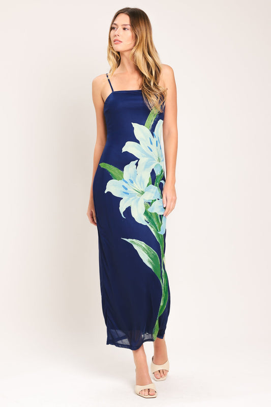 Deep Bloom Power Mesh Midi Dress in navy, view 1 — Soul Flow Apparel
