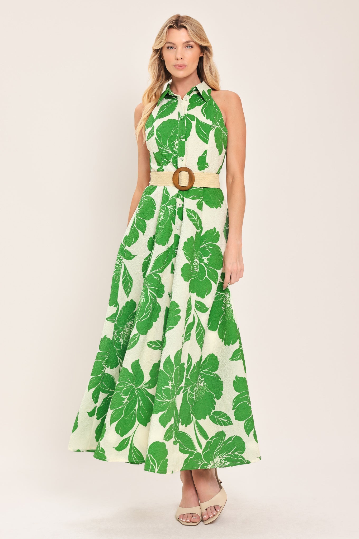 Palm Royale Woven Midi Dress in ivory green, view 1 — Soul Flow Apparel