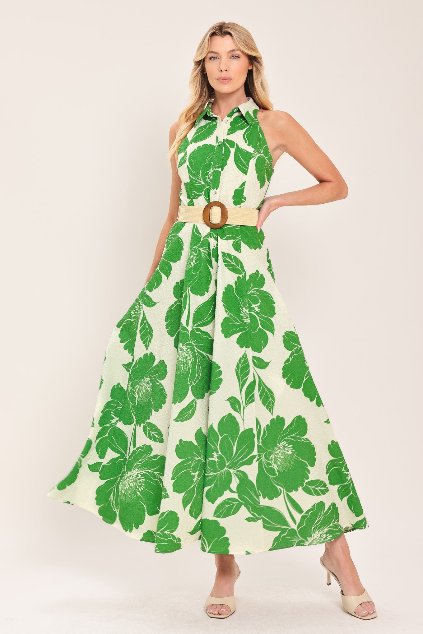 Palm Royale Woven Midi Dress in ivory green, view 2 — Soul Flow Apparel