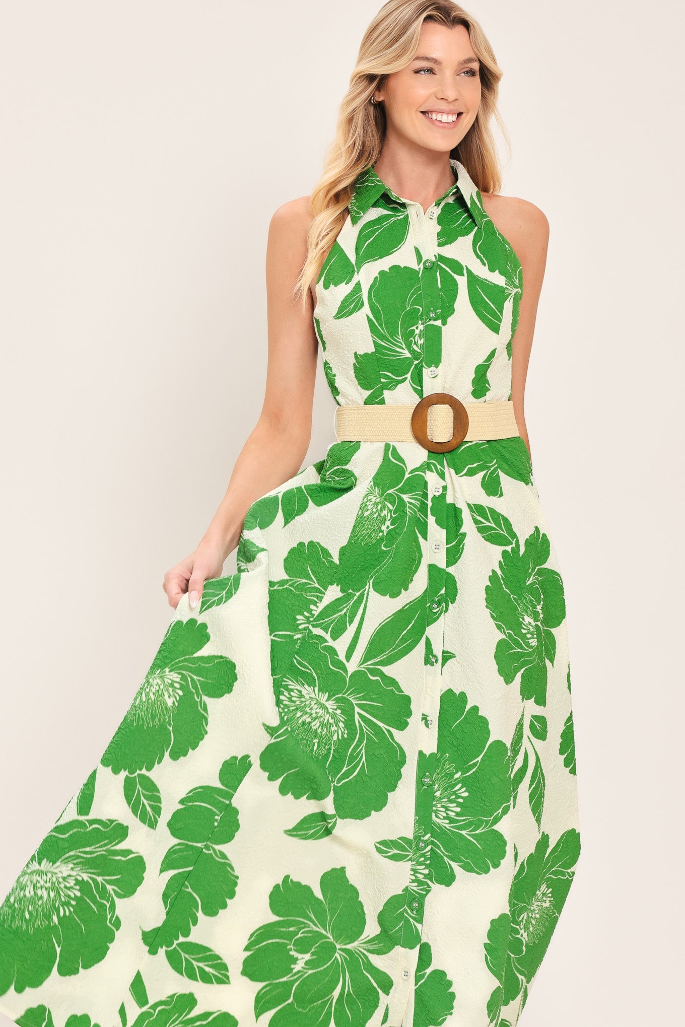 Palm Royale Woven Midi Dress in ivory green, view 3 — Soul Flow Apparel