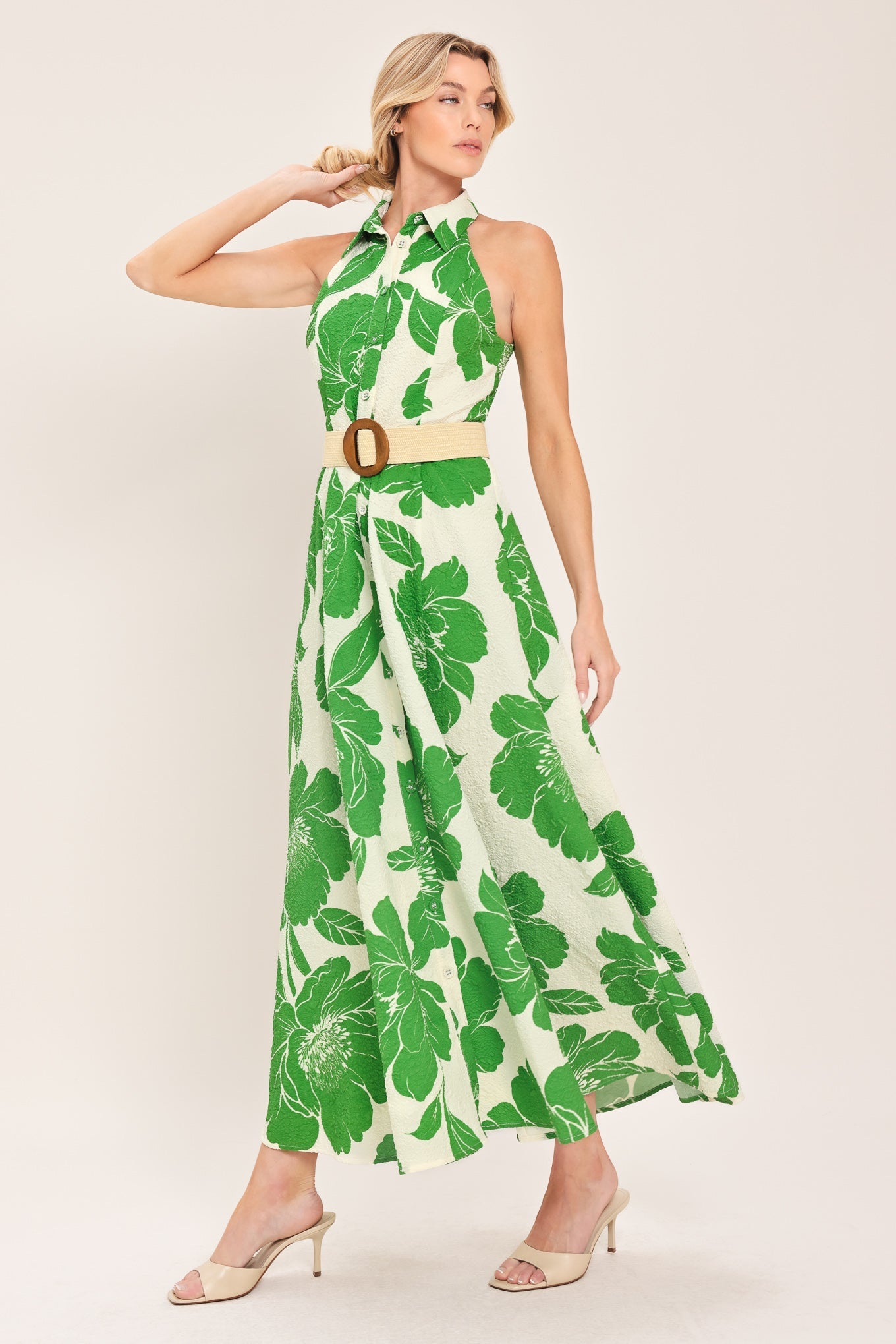 Palm Royale Woven Midi Dress in ivory green, view 5 — Soul Flow Apparel