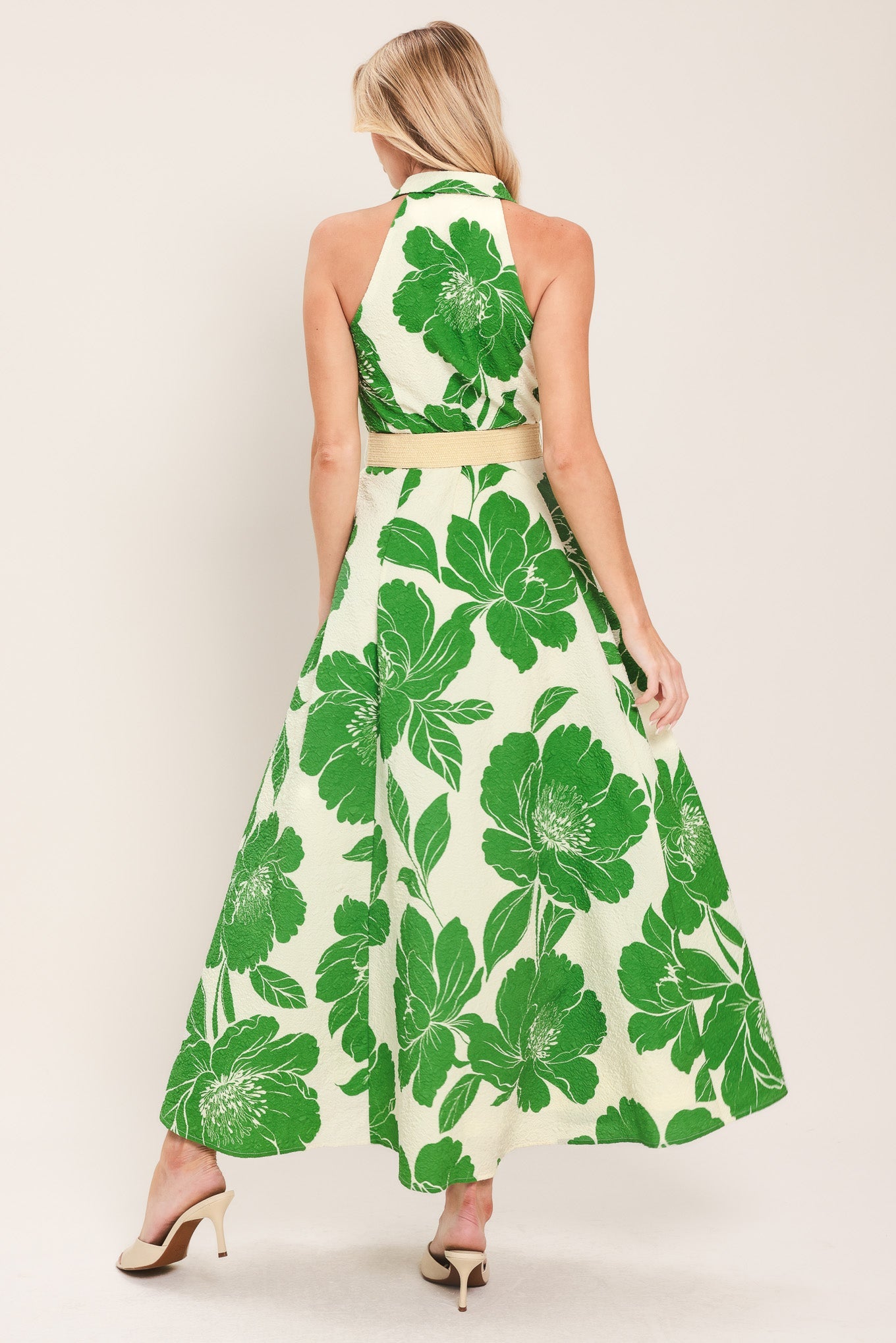 Palm Royale Woven Midi Dress in ivory green, view 6 — Soul Flow Apparel