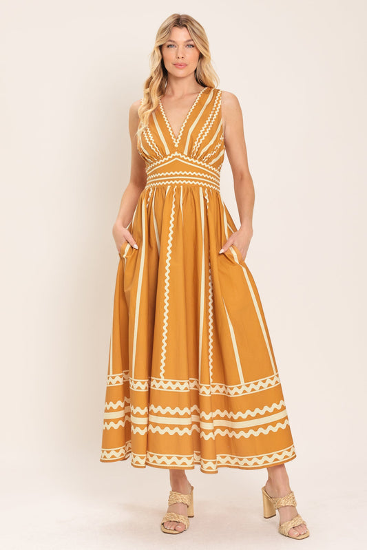 Marigold Dream Woven Midi Dress in camel ivory, view 1 — Soul Flow Apparel