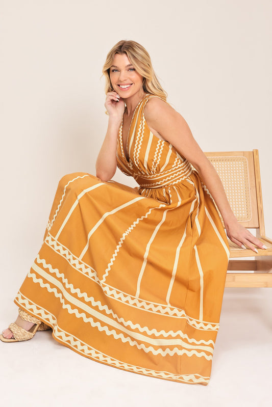 Marigold Dream Woven Midi Dress in camel ivory, view 3 — Soul Flow Apparel