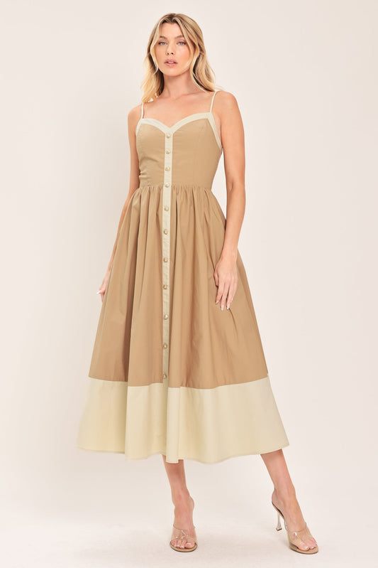 Sandstone Sweetheart Woven Midi Dress in taupe brown, view 1 — Soul Flow Apparel