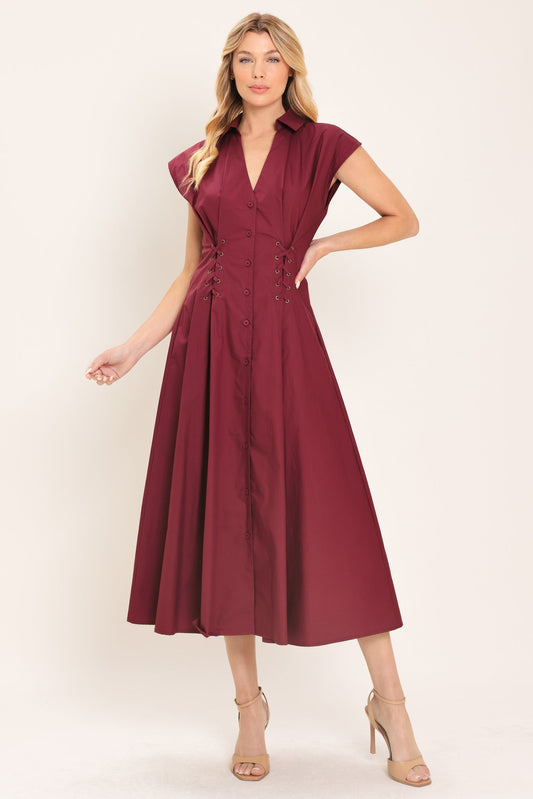 Cabernet Charm Woven Midi Dress in burgundy, view 1 — Soul Flow Apparel