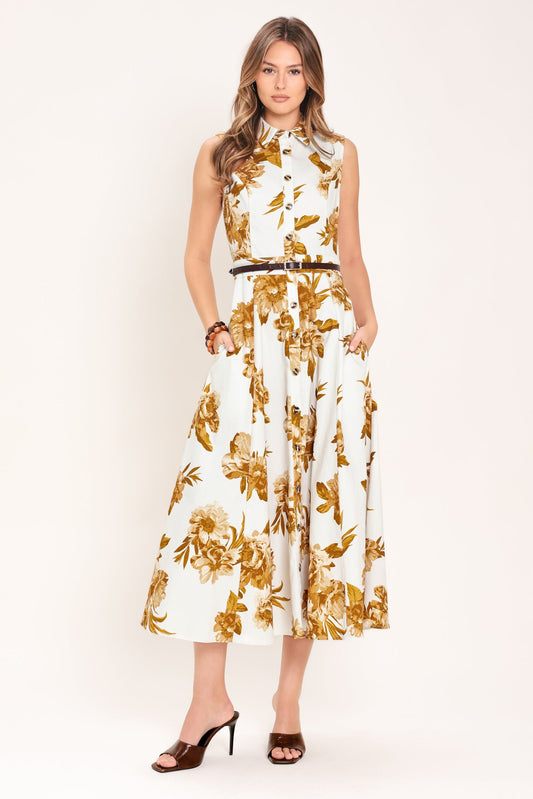 Golden Petals Woven Midi Dress in ivory brown, view 1 — Soul Flow Apparel