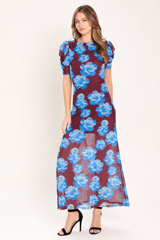 Royal Bloom Power Mesh Midi Dress in wine, view 1 — Soul Flow Apparel