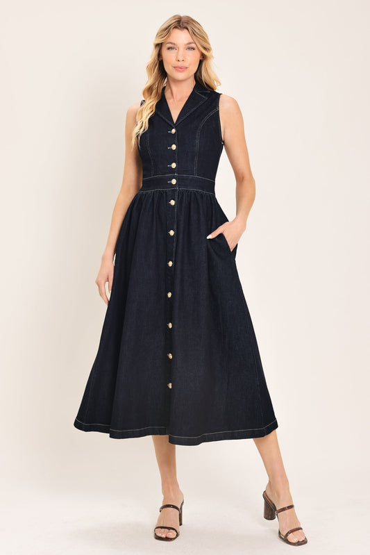 Indigo Charm Denim Midi Dress in dark indigo, view 1 — Soul Flow Apparel