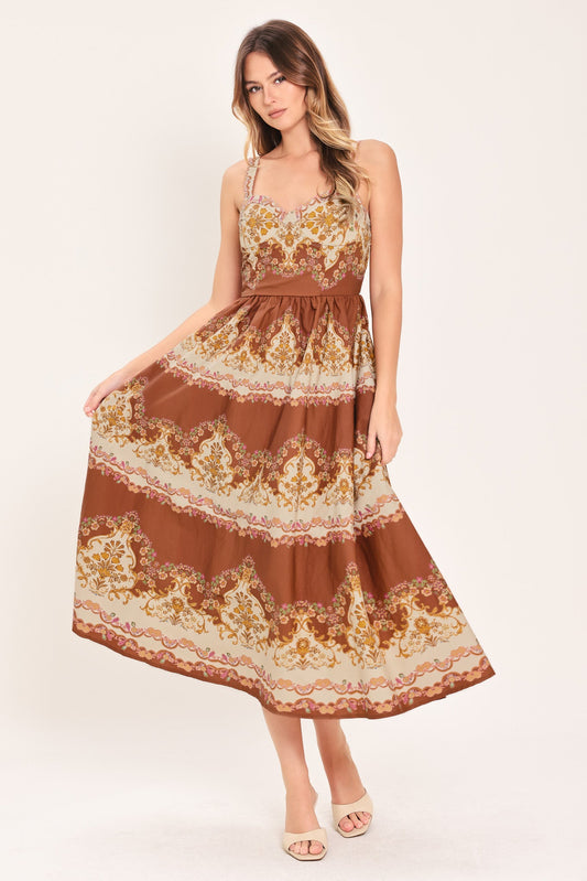Toffee Treasure Woven Midi Dress in brown, view 2 — Soul Flow Apparel