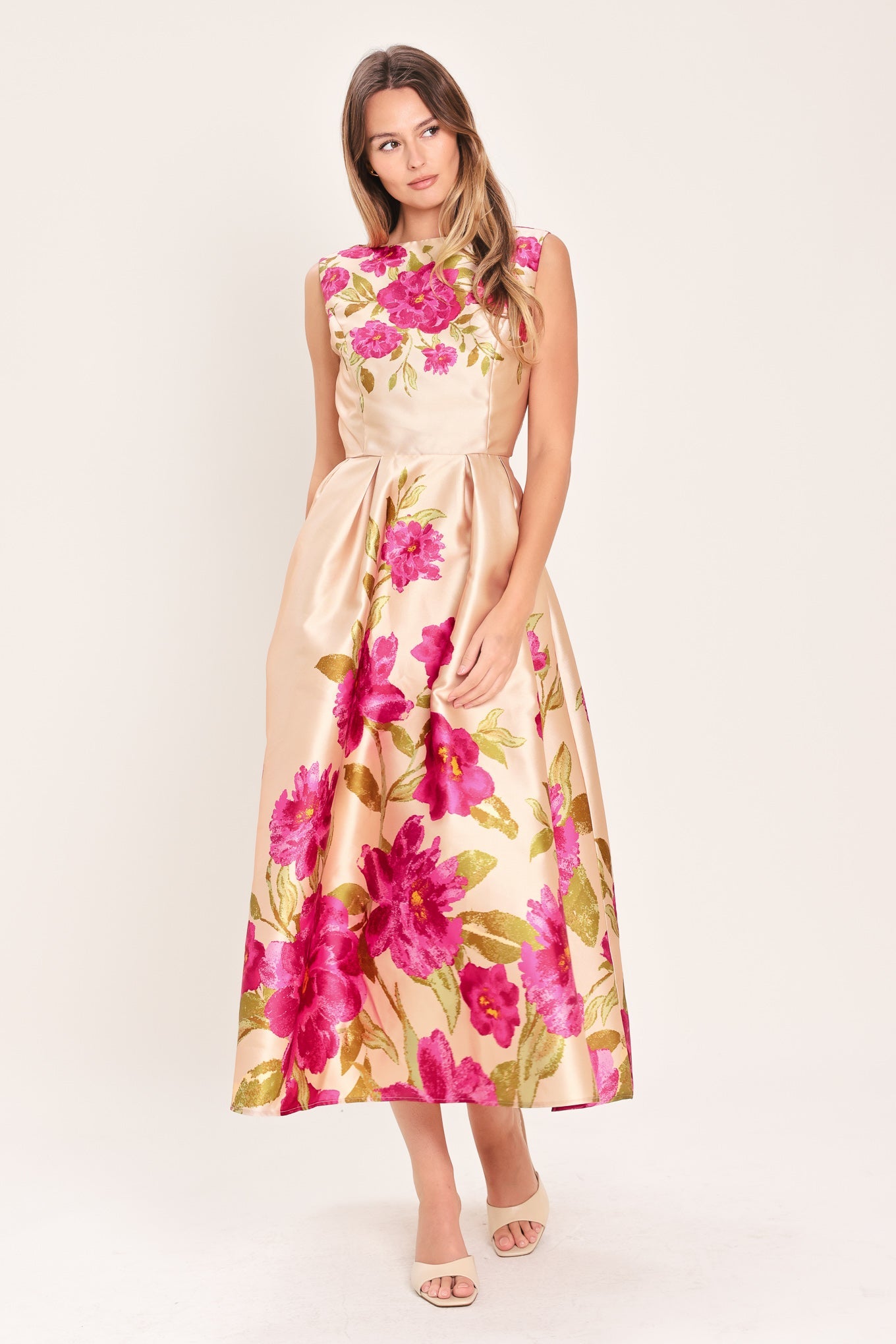 Soft Satin Floral Woven Midi Dress in pink floral, view 1 — Soul Flow Apparel