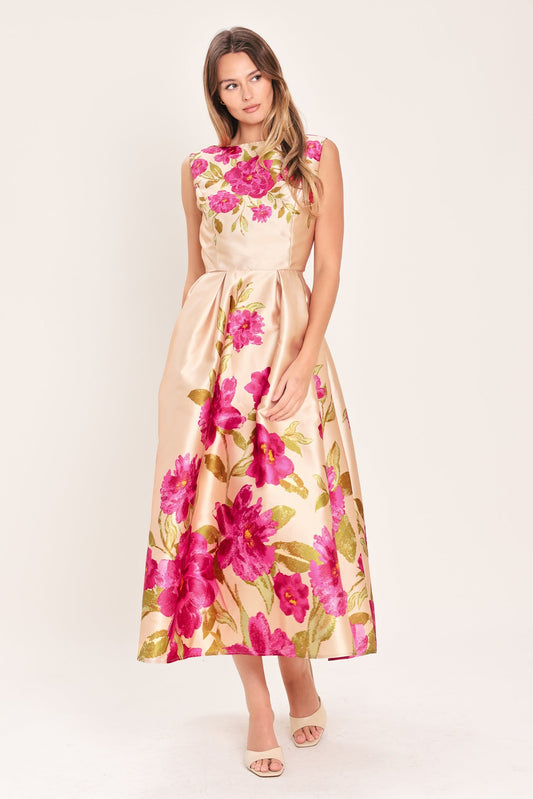 Soft Satin Floral Woven Midi Dress in pink floral, view 1 — Soul Flow Apparel