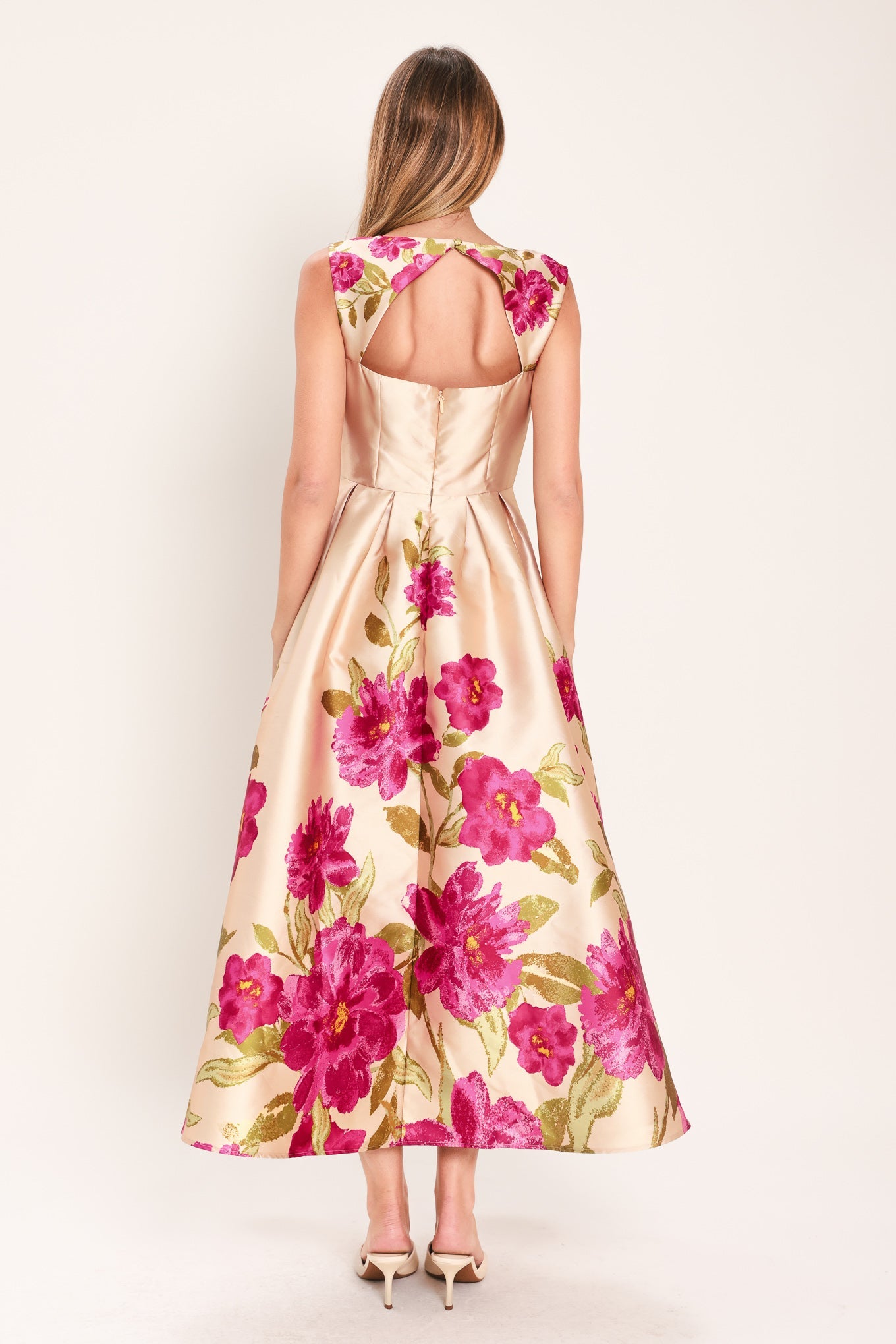Soft Satin Floral Woven Midi Dress in pink floral, view 2 — Soul Flow Apparel