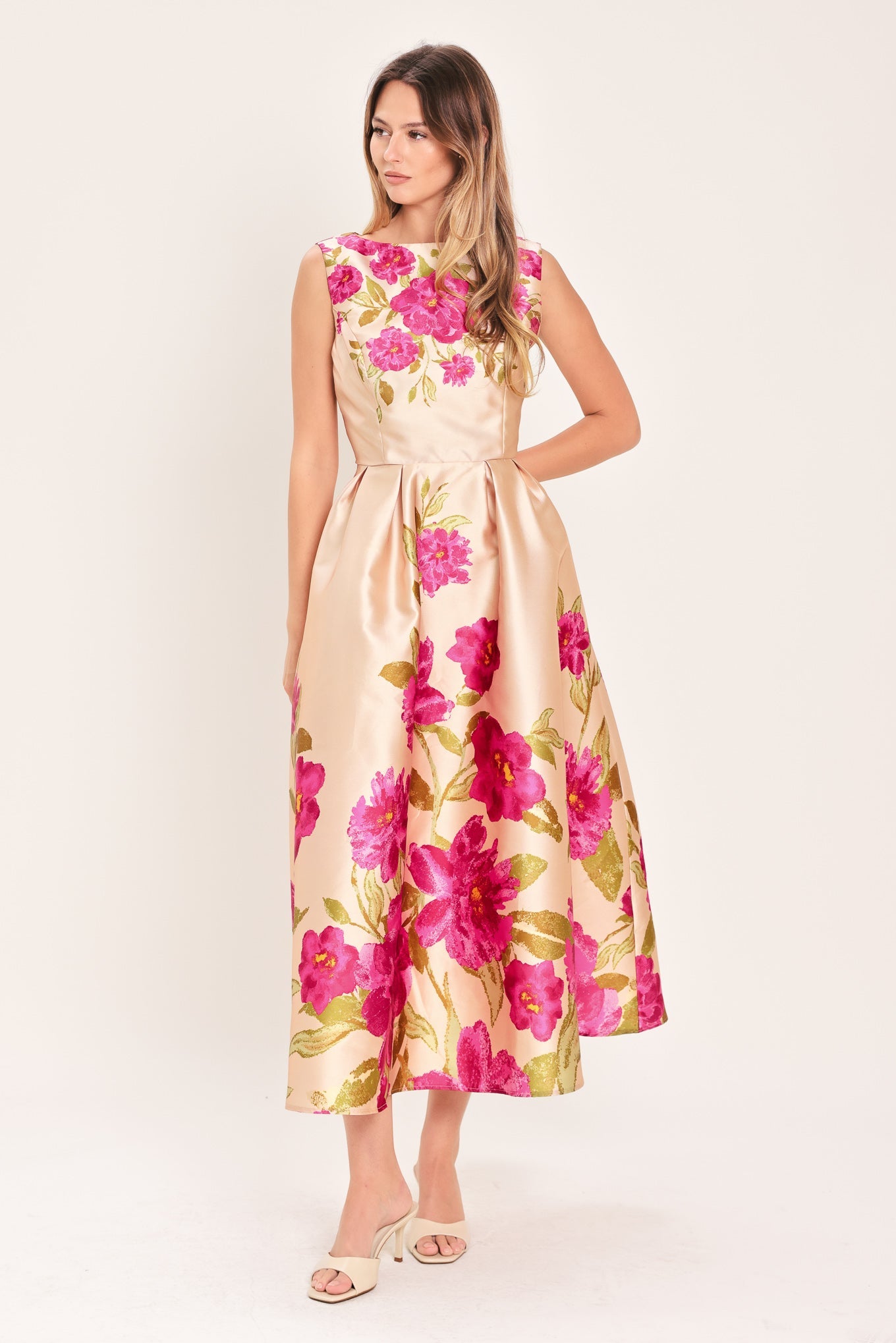 Soft Satin Floral Woven Midi Dress in pink floral, view 3 — Soul Flow Apparel