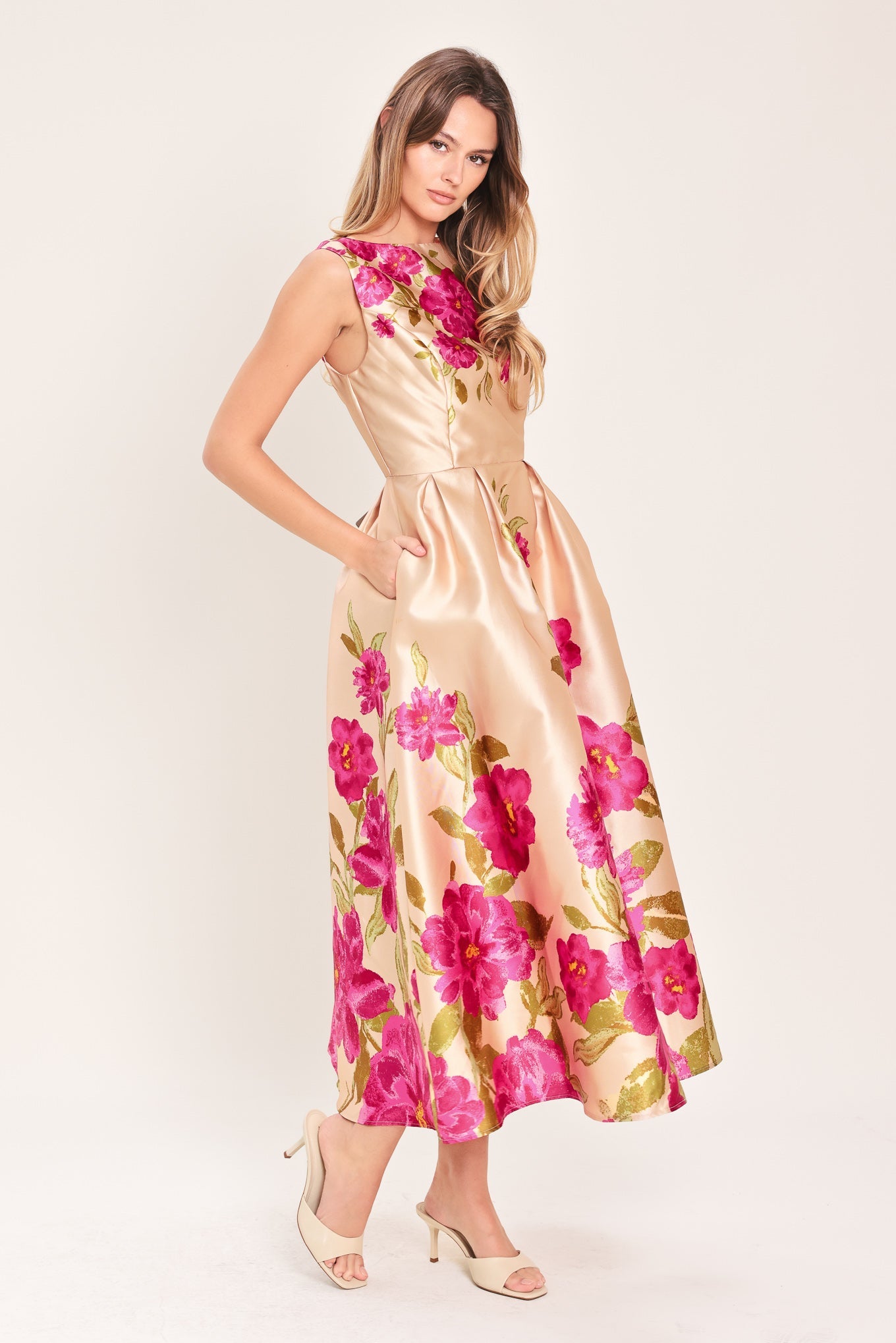 Soft Satin Floral Woven Midi Dress in pink floral, view 4 — Soul Flow Apparel