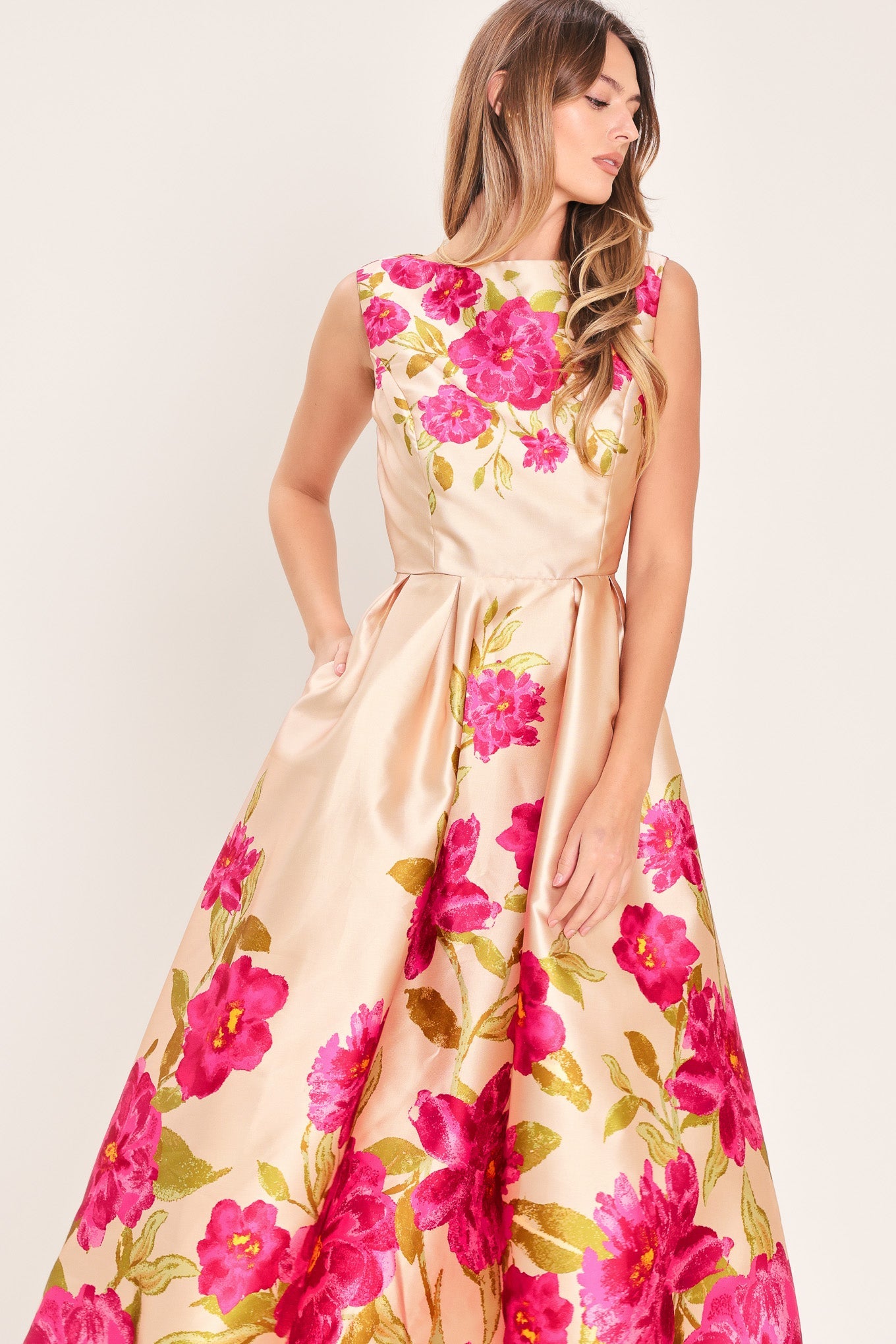 Soft Satin Floral Woven Midi Dress in pink floral, view 5 — Soul Flow Apparel