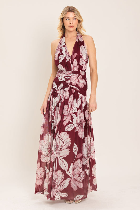 Rosewood Romance Power Mesh Maxi Dress in burgundy, view 1 — Soul Flow Apparel