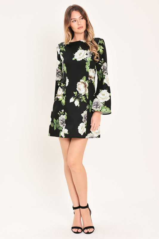 Whispering Roses Woven Mini Dress in black floral, view 1 — Soul Flow Apparel