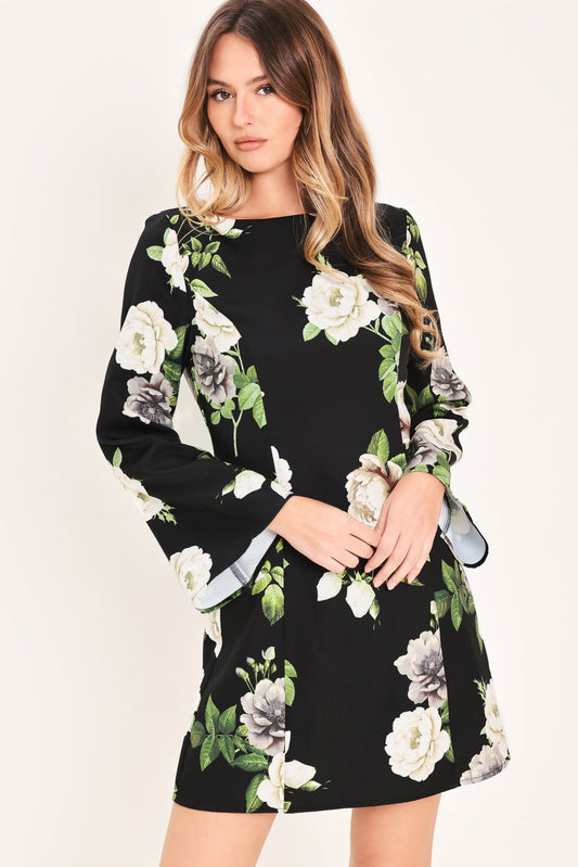 Whispering Roses Woven Mini Dress in black floral, view 3 — Soul Flow Apparel