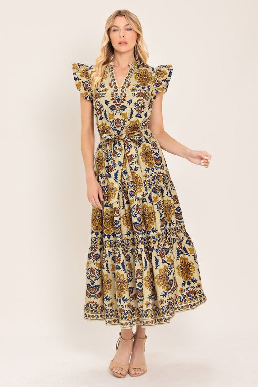 Golden Meadow Woven Midi Dress in taupe navy, view 1 — Soul Flow Apparel