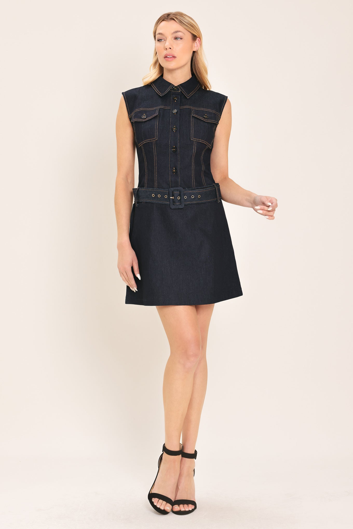 Denim Socialite Mini Dress in dark indigo, view 1 — Soul Flow Apparel