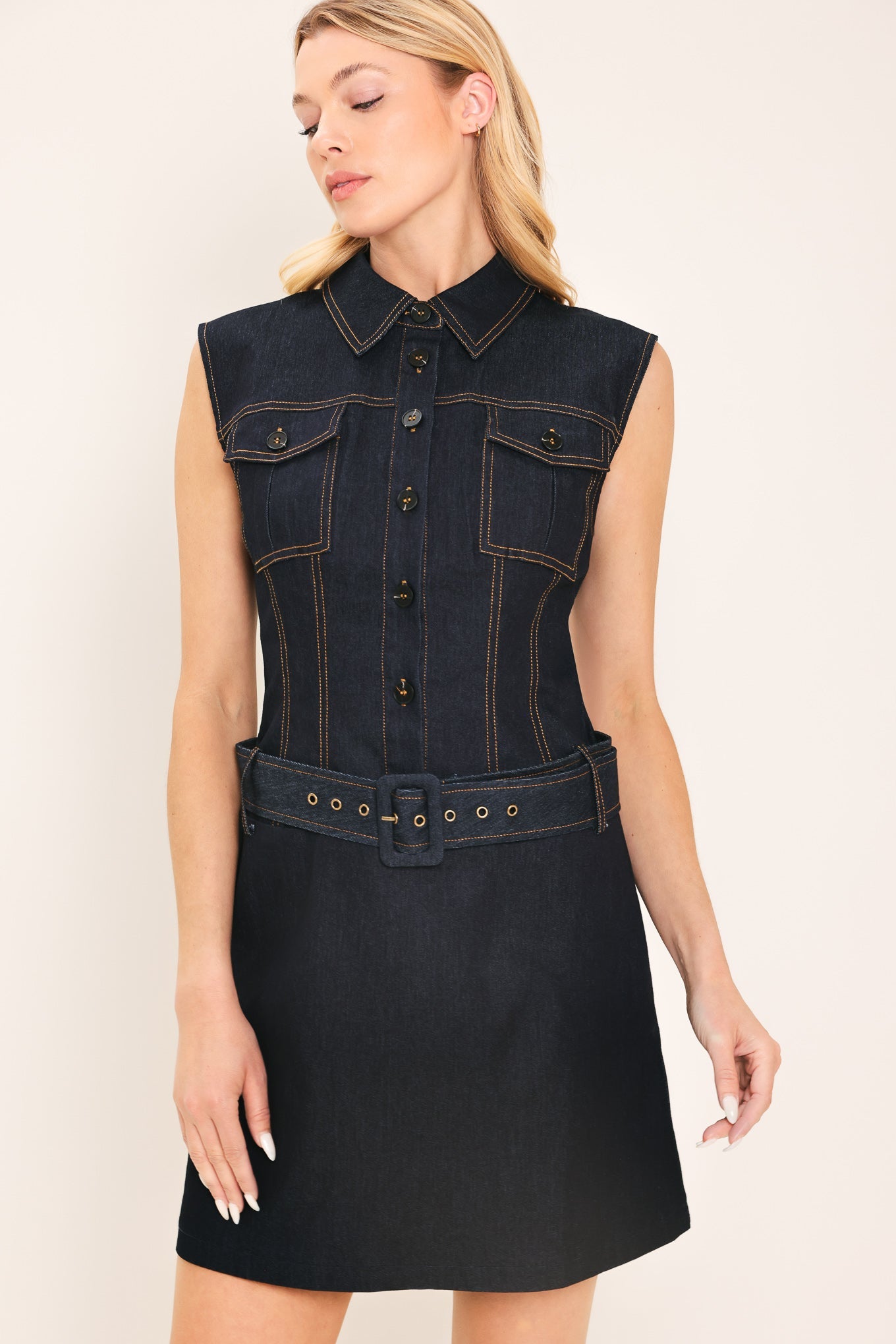 Denim Socialite Mini Dress in dark indigo, view 3 — Soul Flow Apparel