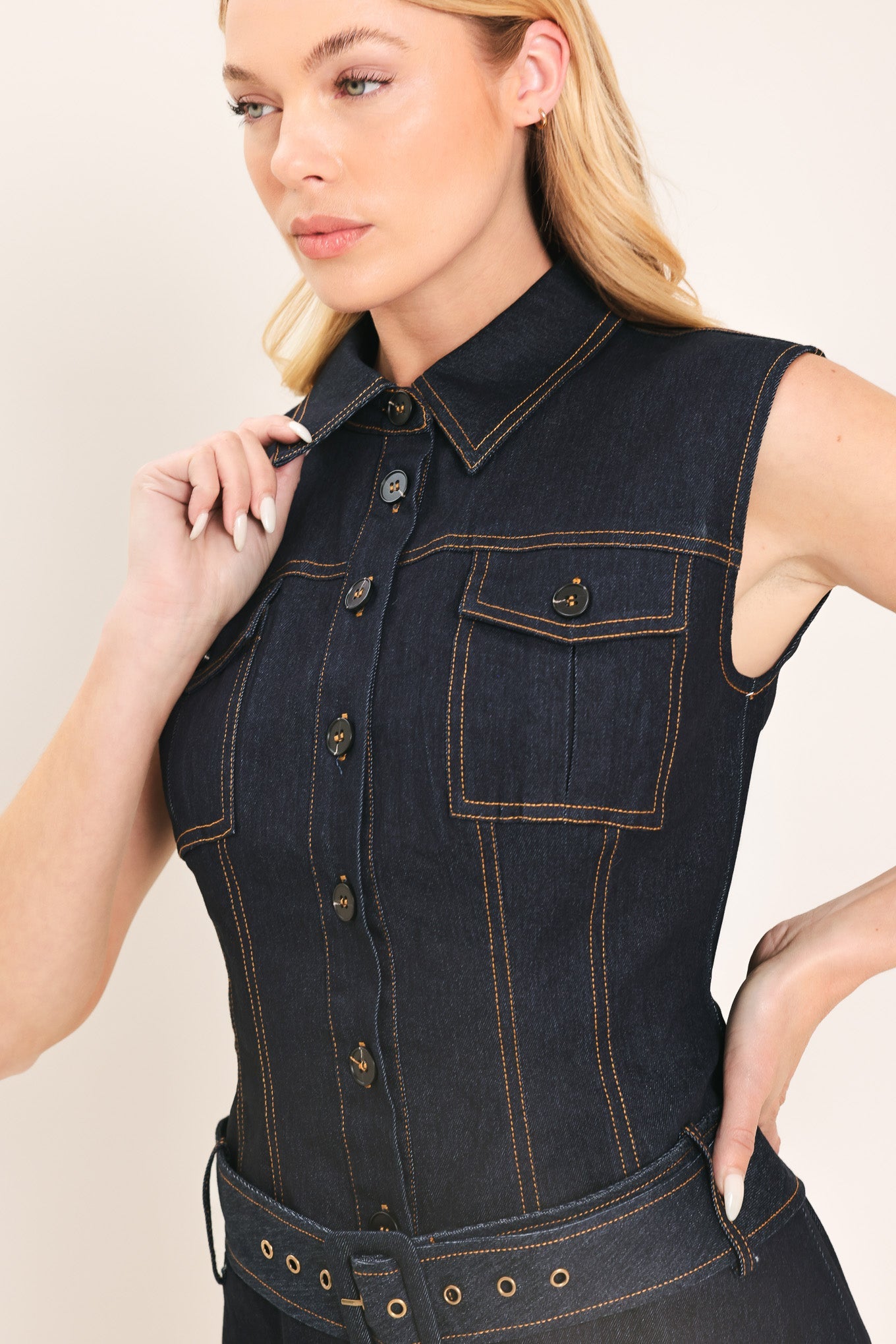 Denim Socialite Mini Dress in dark indigo, view 5 — Soul Flow Apparel