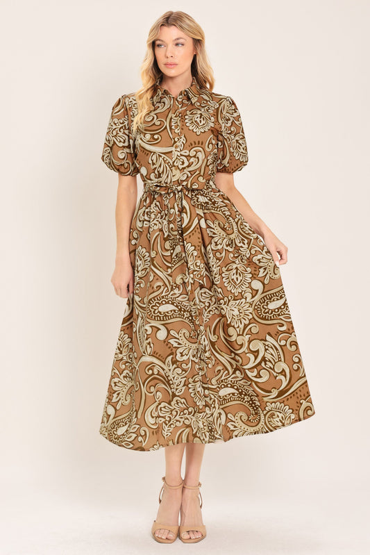 Vintage Paisley Woven Midi Dress in taupe, view 1 — Soul Flow Apparel