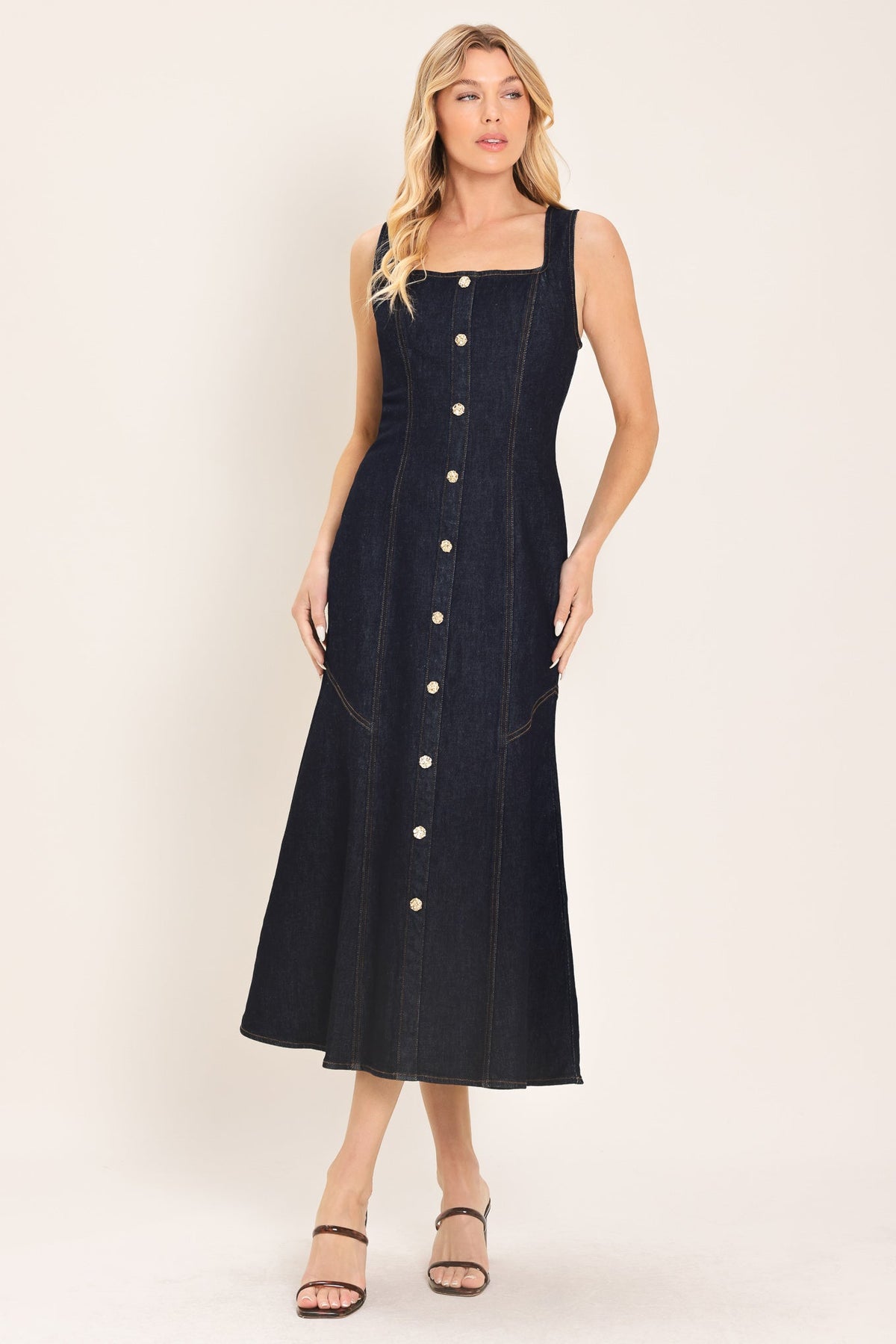 Chelsea Denim Midi Dress in dark indigo, view 1 — Soul Flow Apparel