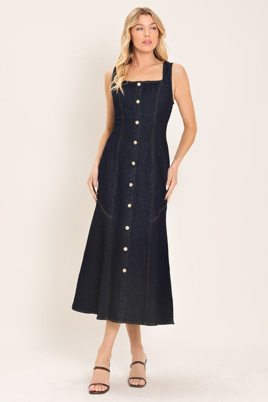 Chelsea Denim Midi Dress in dark indigo, view 1 — Soul Flow Apparel