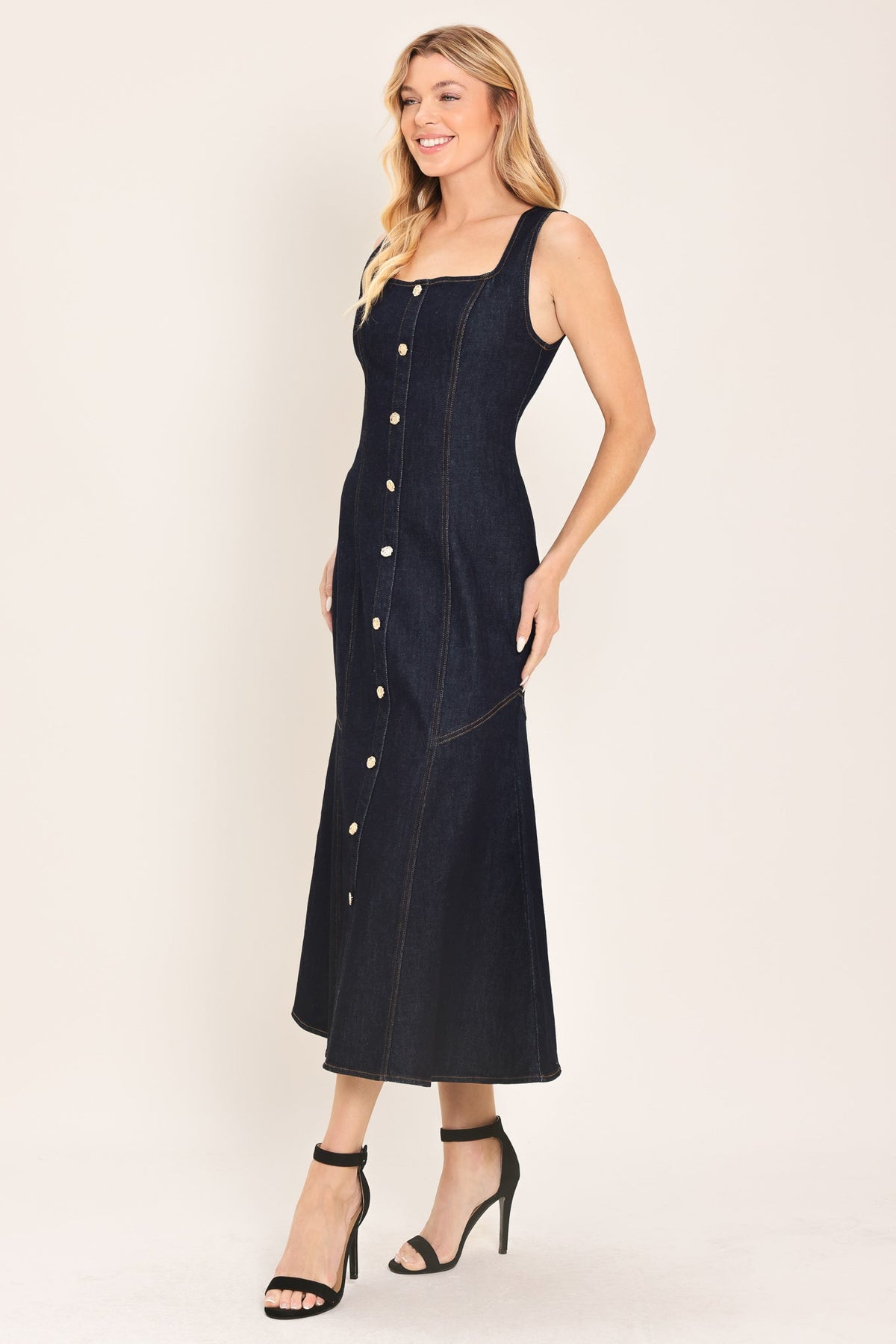 Chelsea Denim Midi Dress in dark indigo, view 4 — Soul Flow Apparel