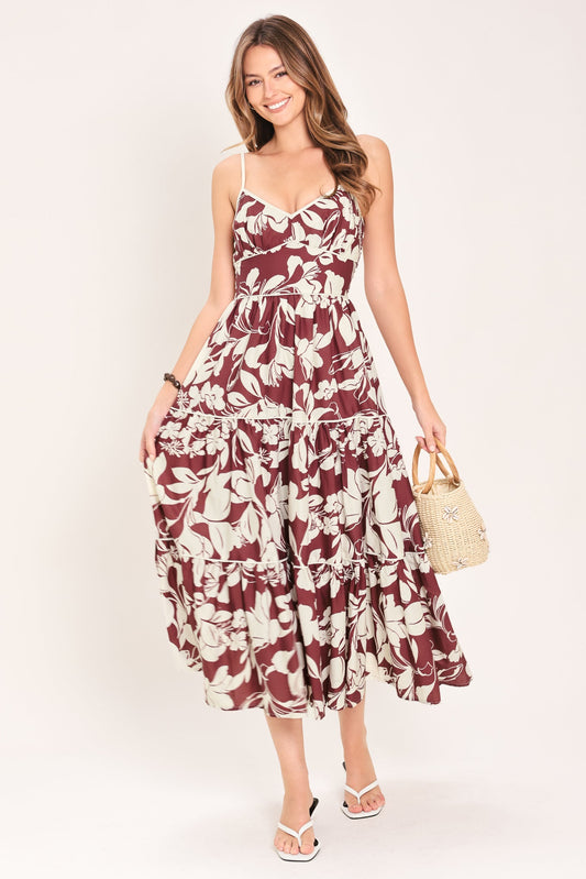Romance In Wine Woven Midi Dress in maroon, view 2 — Soul Flow Apparel