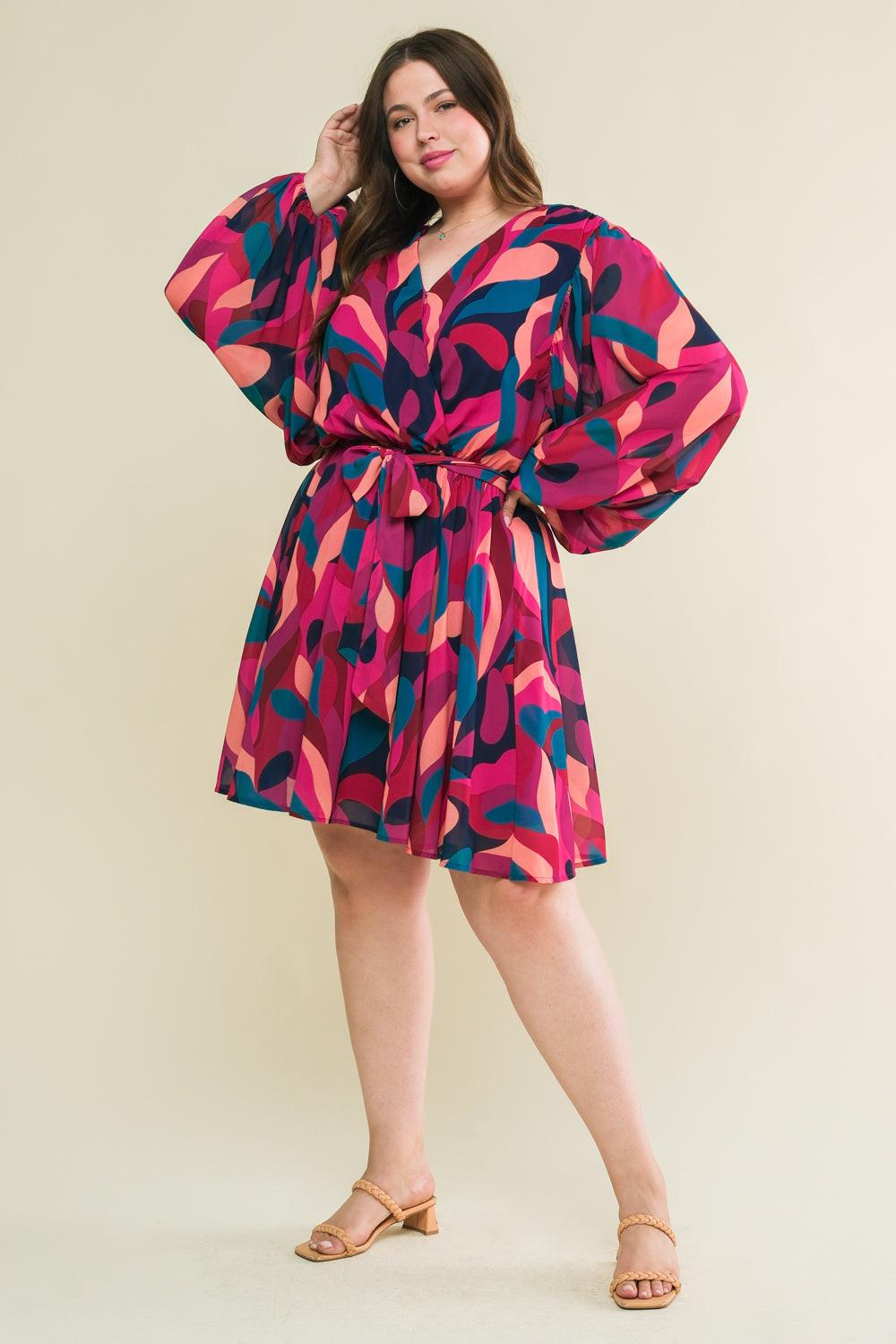 Boston Getaway Woven Mini Dress Surplice Neckline Elasticized Waist Self Tie in navy magenta, view 1 — Soul Flow Apparel