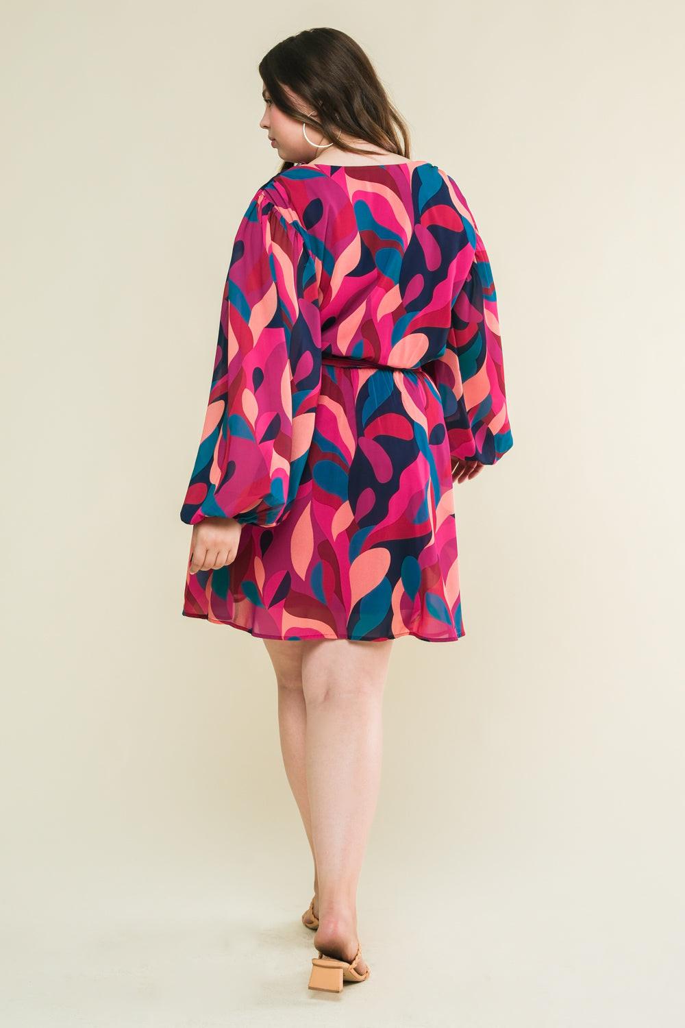 Boston Getaway Woven Mini Dress Surplice Neckline Elasticized Waist Self Tie in navy magenta, view 2 — Soul Flow Apparel
