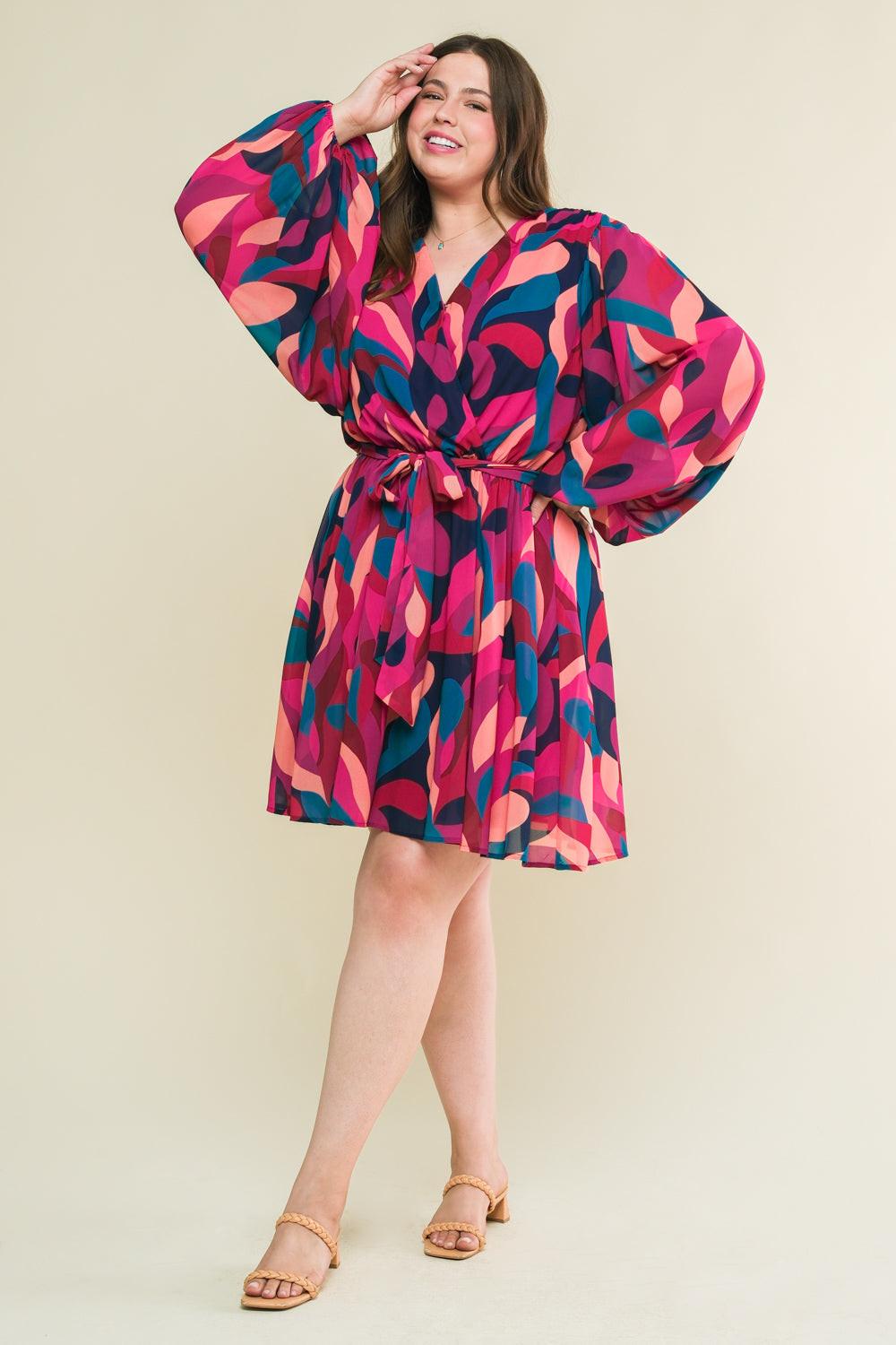 Boston Getaway Woven Mini Dress Surplice Neckline Elasticized Waist Self Tie in navy magenta, view 3 — Soul Flow Apparel