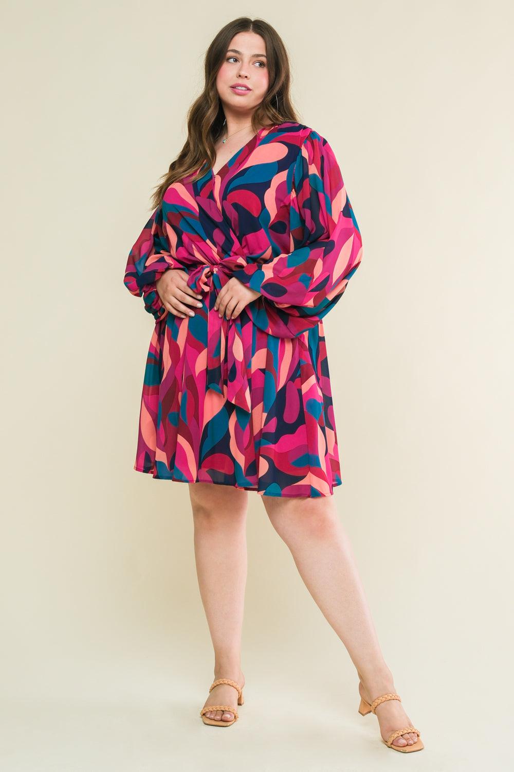 Boston Getaway Woven Mini Dress Surplice Neckline Elasticized Waist Self Tie in navy magenta, view 4 — Soul Flow Apparel