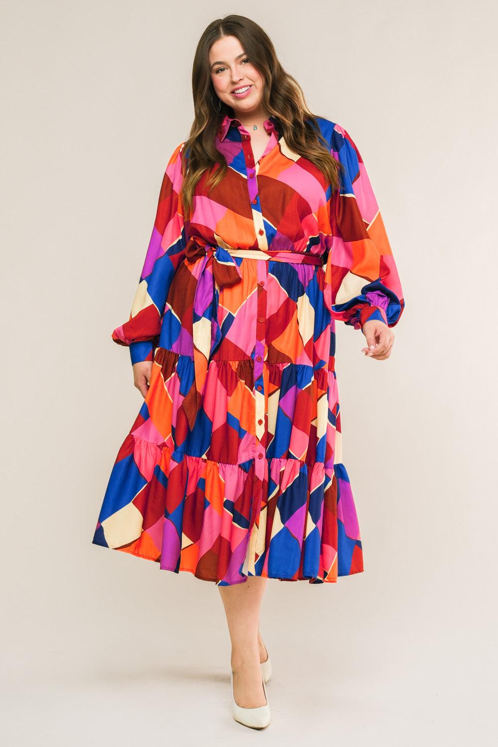 Wise Woman Printed Woven Midi Dress with Shirt Collar and Tiered Skirt in fuchsia blue, view 1 — Soul Flow Apparel