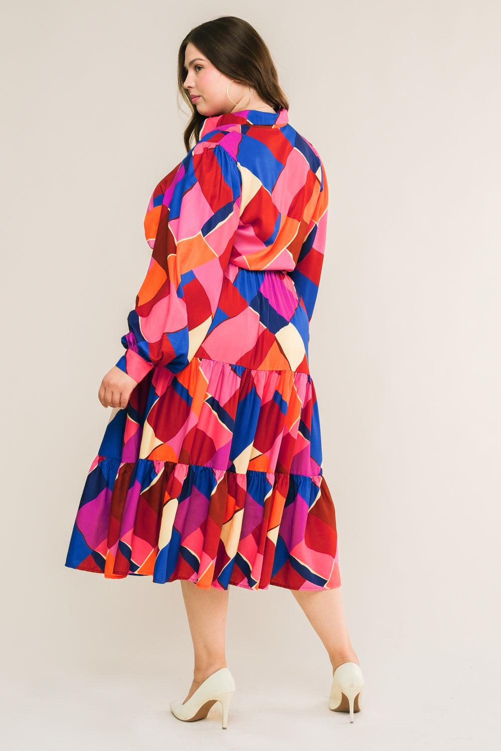 Wise Woman Printed Woven Midi Dress with Shirt Collar and Tiered Skirt in fuchsia blue, view 2 — Soul Flow Apparel